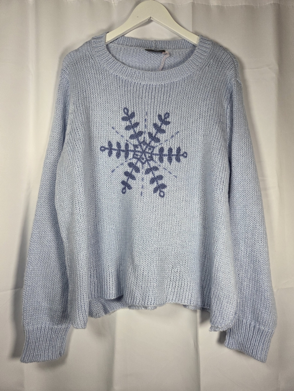 Wooden Ships Blue Snowflake Sweater Women M/L Mohair Wool Chunky Open Knit $149